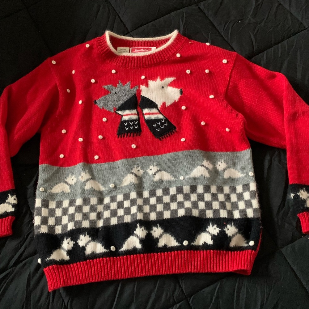 True Vintage Made in Hong Kong Cozy Red and Gray Sweater with Dog Design